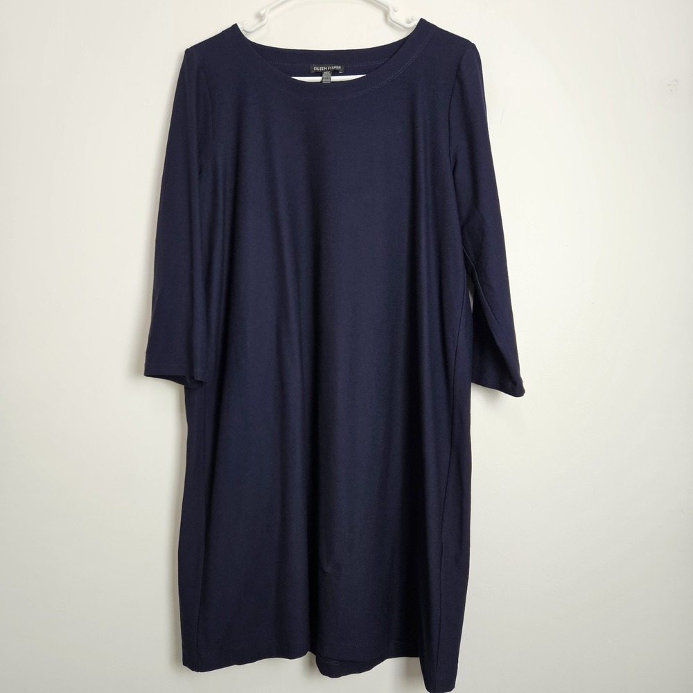 Eileen Fisher Dress Size M Washable Stretch Crepe Knee Length Midnight Blue USA